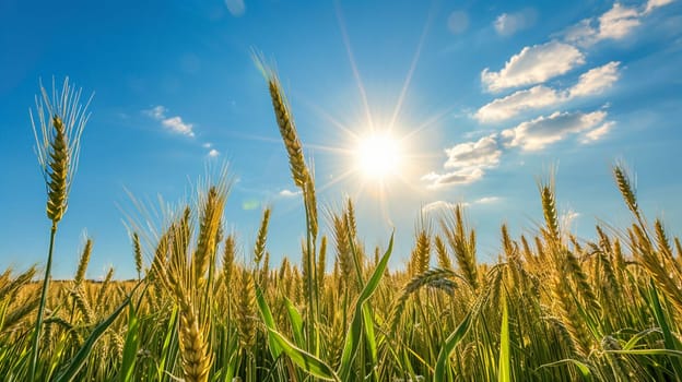 Growing wheat with sunlight and blue sky in the morning, food, Generative AI,