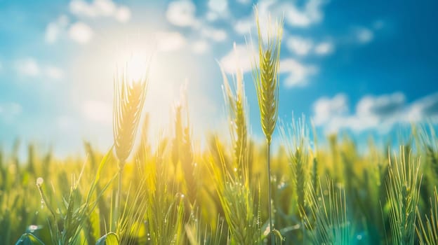 Growing wheat with sunlight and blue sky in the morning, food, Generative AI,