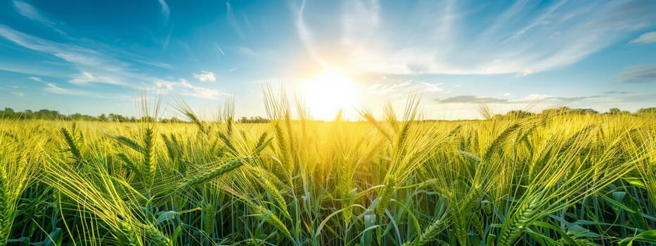 Growing wheat with sunlight and blue sky in the morning, food, Generative AI,