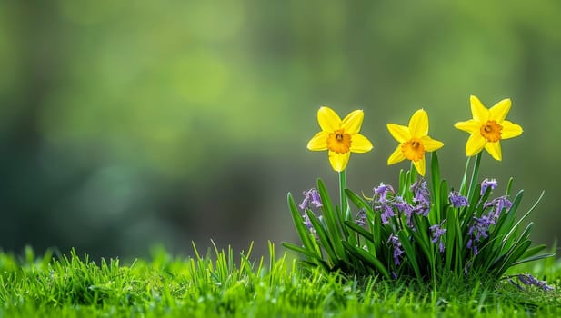 Yellow daffodils and bluebells in spring garden.