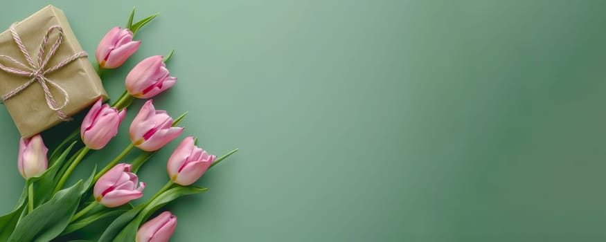 Banner with pink tulips and gift box on green background.