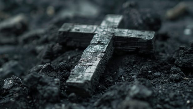 Charred wooden cross laying on dark soil