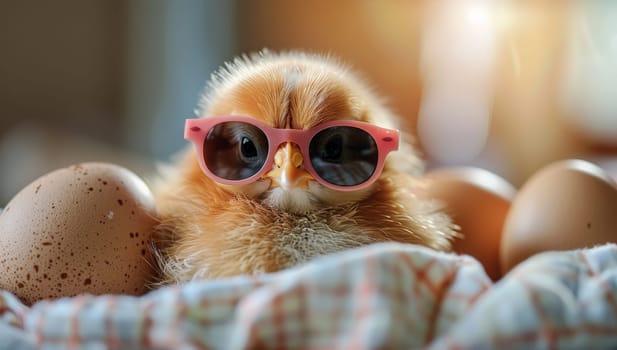 A baby chicken wearing sunglasses is sitting in a basket of eggs.