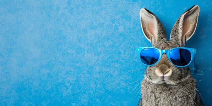 Close up portrait of a gray bunny wearing blue sunglasses against a blue background. Concept of happy easter and spring.