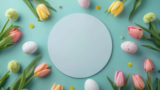 Easter background with tulips and eggs.