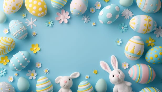 Easter background with colorful eggs, bunny and flowers on blue background