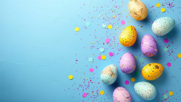 Easter background with colorful eggs and confetti. Top view with copy space