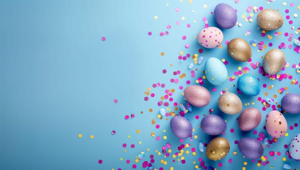 Colorful Easter eggs on blue background with confetti
