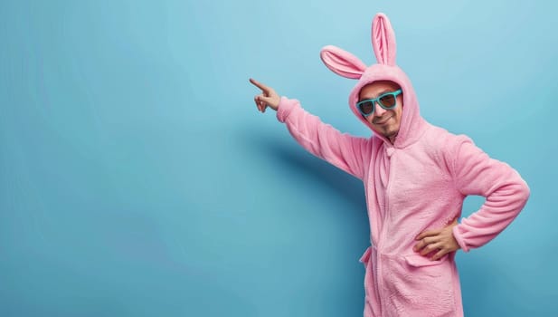 Young man in a pink bunny costume and sunglasses on a blue background