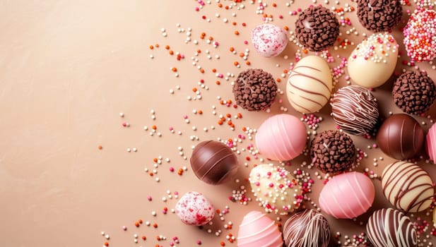 Close up of various chocolate candies and sprinkles on a beige background