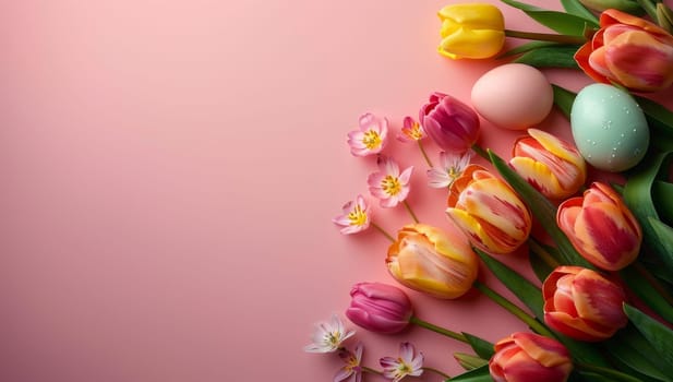 Easter eggs and tulips on pink background. Top view.