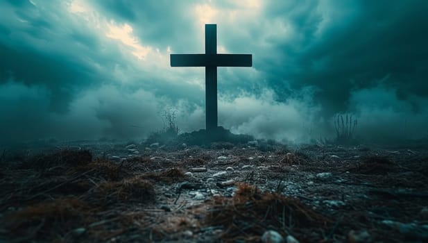 Cross in the cemetery. Halloween concept. 3D Rendering.
