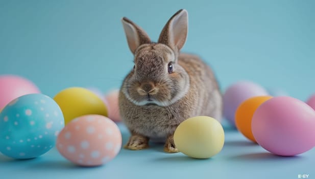 Easter bunny and easter eggs on blue background. Happy Easter concept.