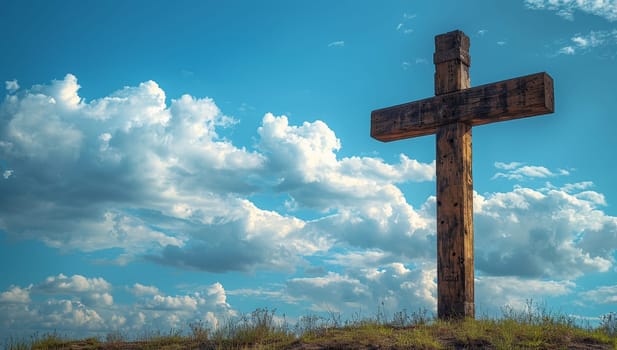 Large wooden cross on a hill with clouds behind it.