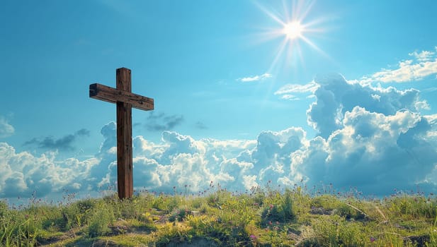 Wooden Cross on Green Hill Under Blue Sky