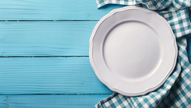 Empty plate and napkin on blue wooden background. Top view with copy space