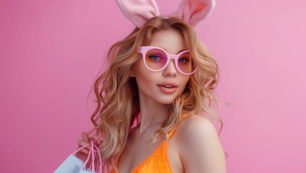 beautiful blonde girl in bunny ears with shopping bags on pink background