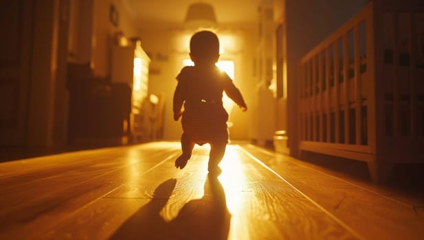 Baby girl taking her first steps in the living room at home. Toddler learning to walk. Infant child development milestone.