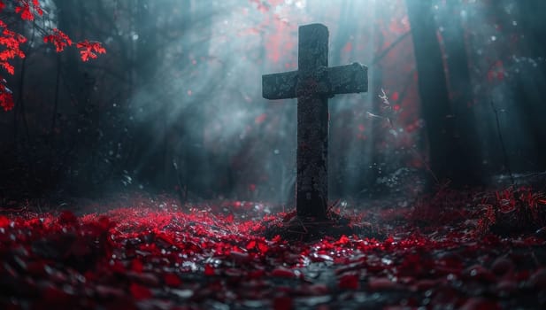 Tombstone in a misty forest
