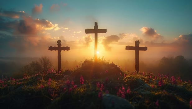 Three wooden crosses on a hill at sunset