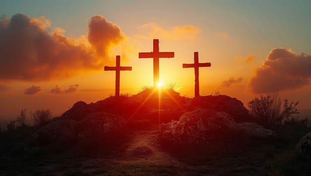 Three wooden crosses on a hill at sunset.