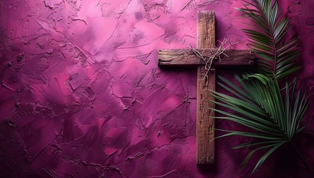 Wooden cross with palm leaf on grunge pink background. Copy space