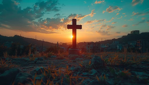 An old rugged wooden cross stands on a hill at sunset with a beautiful sky full of clouds in the background. The cross is a symbol of Christianity and the resurrection of Jesus Christ.