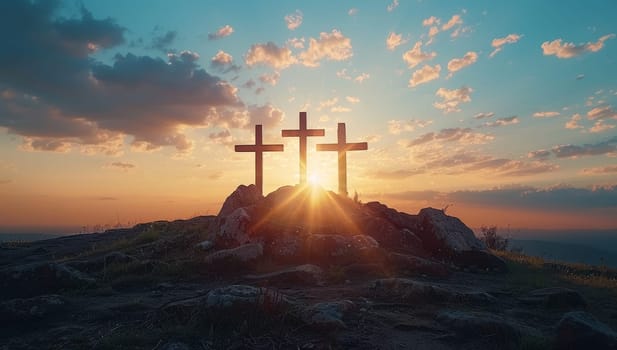 Crosses on the hill at sunset. Crucifixion concept