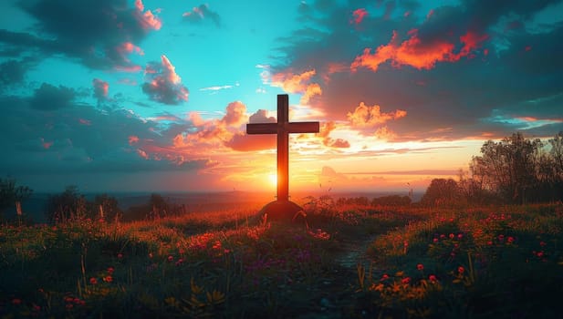 Cross on the meadow at sunset.
