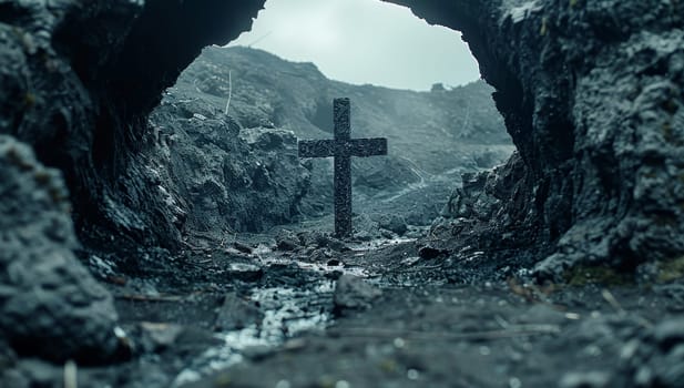 Cave opening with a cross in the distance.
