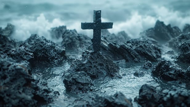 Black cross on stormy sea. Concept of religion, faith, hope, and salvation.