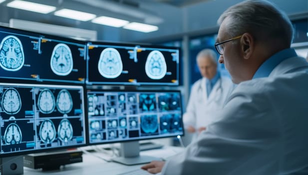 Medical professional analyzing brain scans on multiple computer monitors. Doctor examining patients brain activity and health. Concept of medical research, diagnosis, and healthcare.