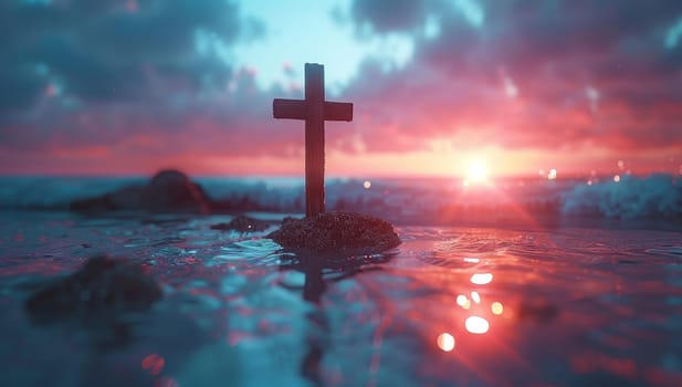 Cross on the beach at sunset