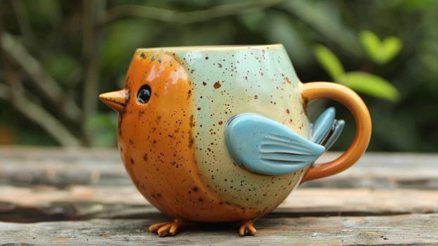 A ceramic bird shaped coffee mug sitting on a wooden table