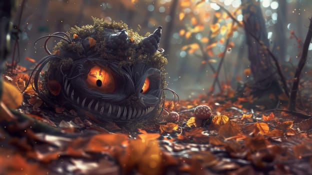 A creepy looking pumpkin sitting in the middle of a forest