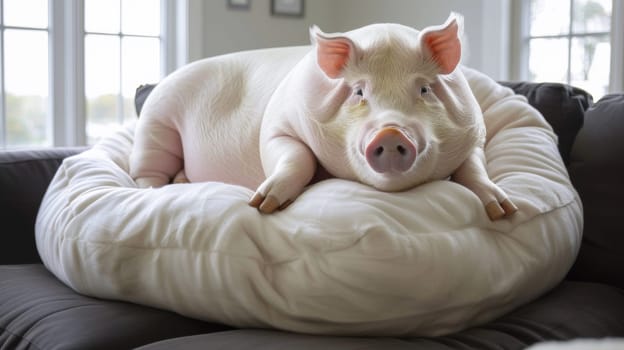 A large pig laying on a pillow in the living room