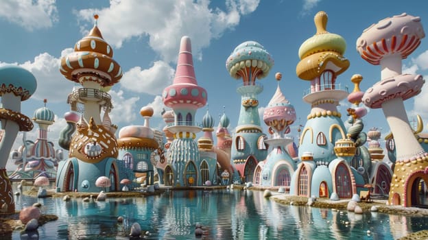 A large collection of colorful buildings are sitting in a pond