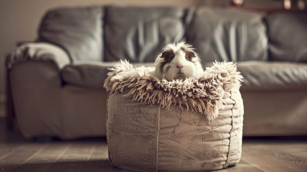 A guinea pig sitting in a bag on the floor