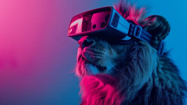 A lion wearing a virtual reality headset with pink and blue colors