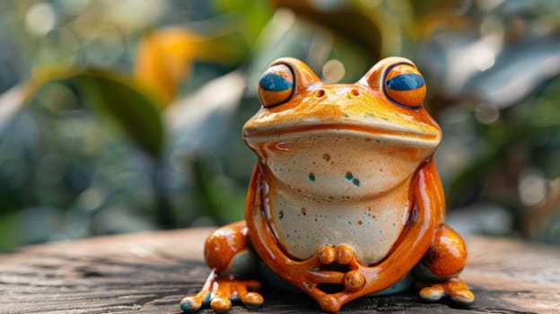 A ceramic frog sitting on a log with its eyes closed