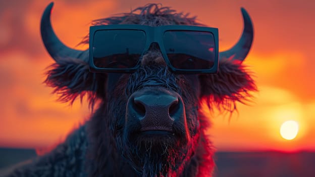 A close up of a cow wearing sunglasses with the sun setting behind it