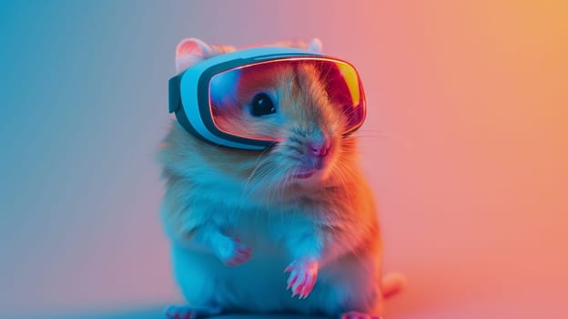 A small hamster wearing goggles and a colorful background