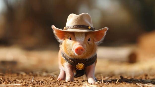 A small pig wearing a cowboy hat and standing on dirt