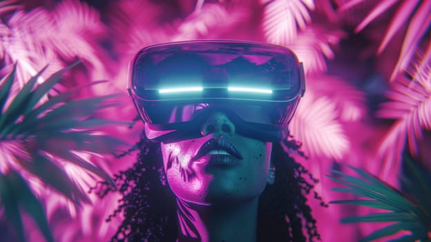 A woman wearing a virtual reality headset with purple leaves in the background