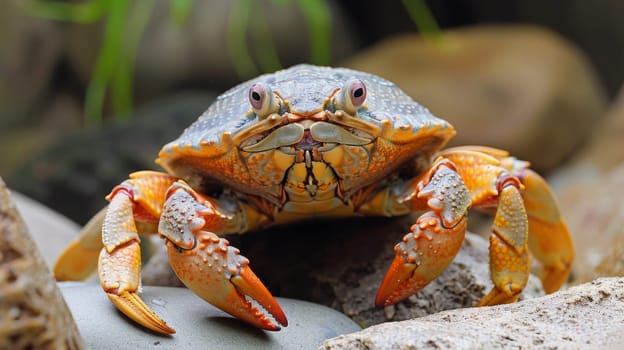A crab with orange and white markings sitting on a rock