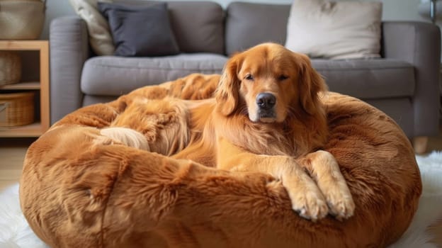 A large dog laying in a big round bed on the floor