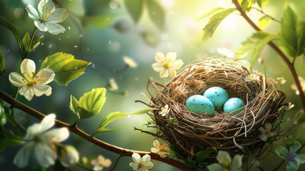 A bird nest with three eggs in it on a branch