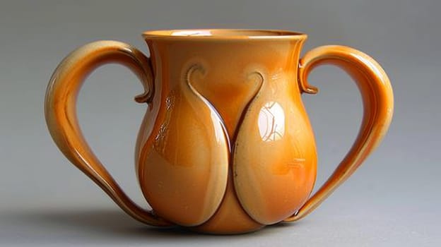 A close up of a vase with two curved handles