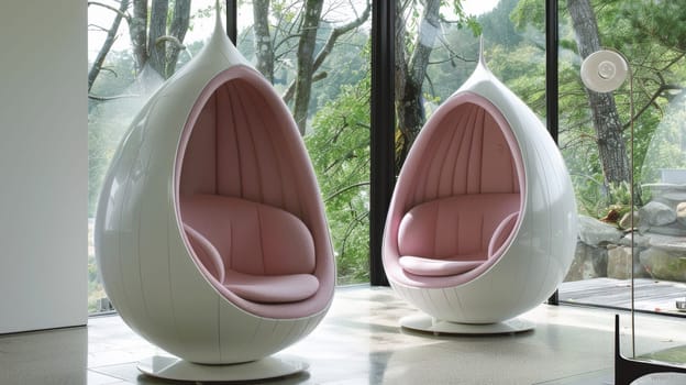 Two chairs with pink cushions sit in a room