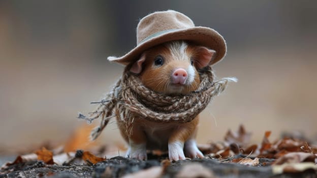 A small guinea pig wearing a hat and scarf on the ground